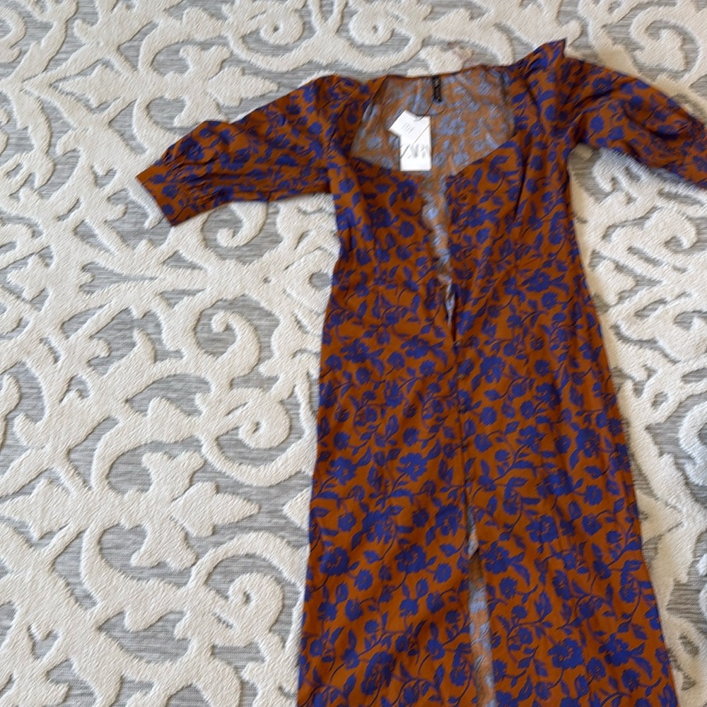 Zara *influencer favorite!!* Floral Brown and Blue Dress